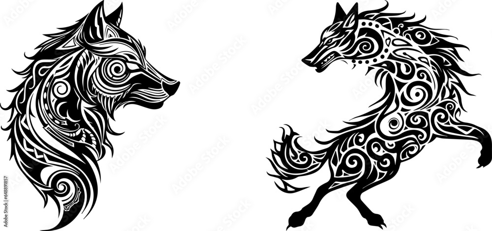 Fenrir of mythology tattoo hand draw vector. Black wolf pattern vector ...