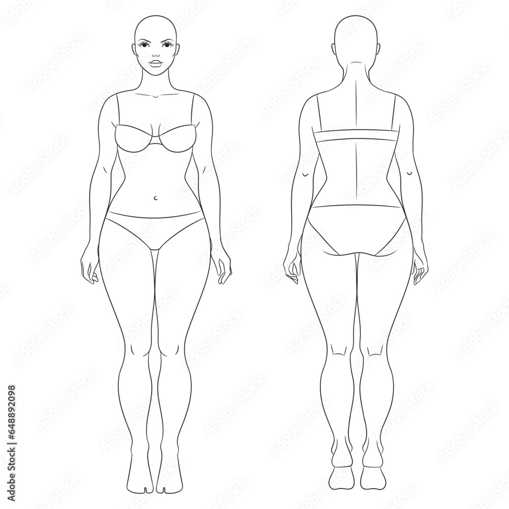 Plus size female fashion figure templates. Curvy woman body vector line illustration, front and back views. Curvy fashion model. Plus size female fashion figure templates. Curvy woman body vector line illustration, front and back views. Curvy fashion model.