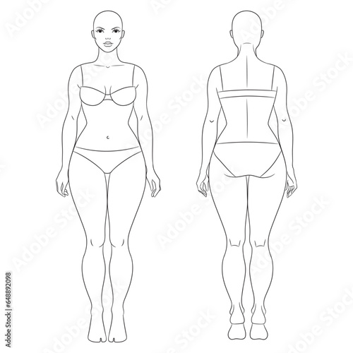 Plus size female fashion figure templates. Curvy woman body vector line illustration, front and back views. Curvy fashion model.