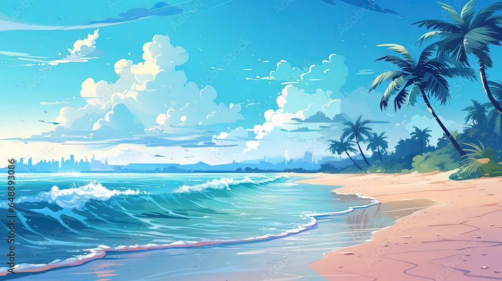 Summer enjoy your holidays, big sale poster with sea, tropical beach, sunrise. Generative Ai