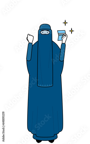 Muslim woman in burqa who is pleased to see a bankbook.