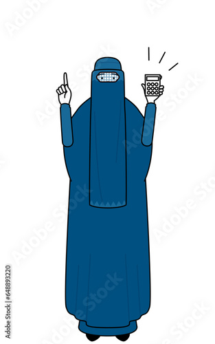 Muslim woman in burqa holding a calculator and pointing.