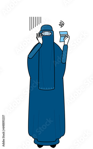Muslim woman in burqa looking at her bankbook and feeling depressed.