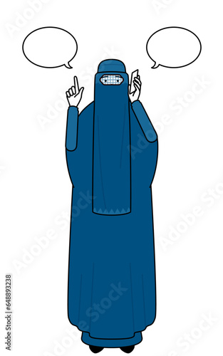 Muslim woman in burqa pointing while on the phone.