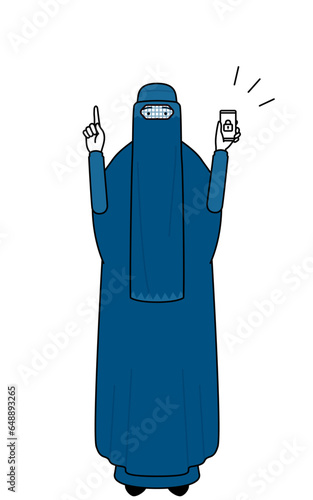Muslim woman in burqa taking security measures for her phone.