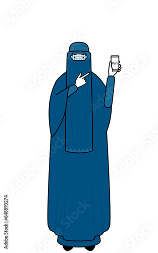Muslim woman in burqa recommending cashless online payments on a smartphone.