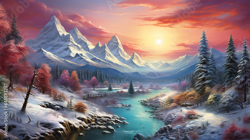 Drawn chill winter landscape wallpaper. Generative Ai photo
