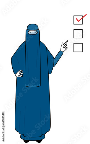 Muslim woman in burqa pointing to a checklist.