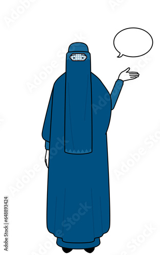 Muslim woman in burqa giving directions, with a wipeout.