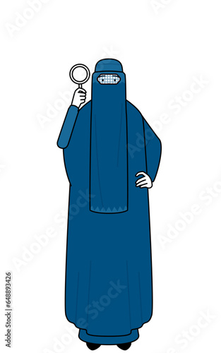 Muslim woman in burqa looking through magnifying glasses
