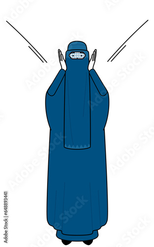 Muslim woman in burqa calling out with her hand over her mouth.