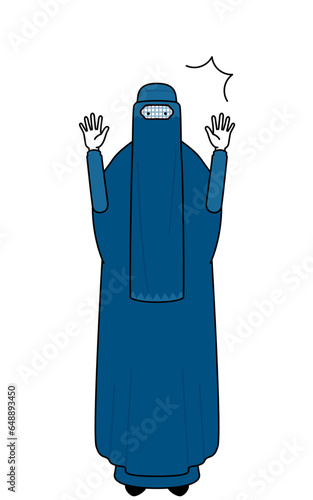 Muslim woman in burqa raising her hand in surprise.