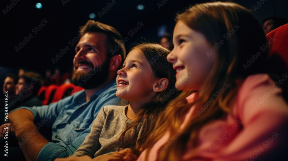 A young joyful couple is with their daughter in the cinema, watching an exciting movie