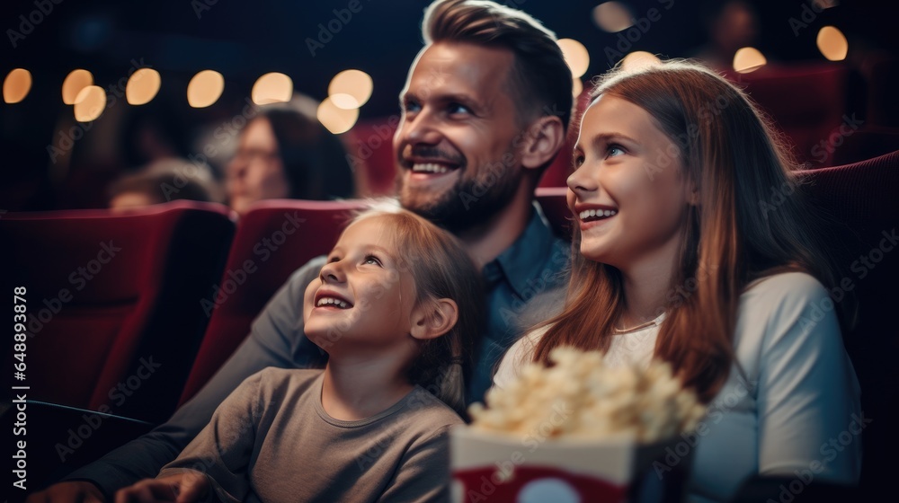 A young joyful couple is with their daughter in the cinema, watching an exciting movie A young joyful couple is with their daughter in the cinema, watching an exciting movie