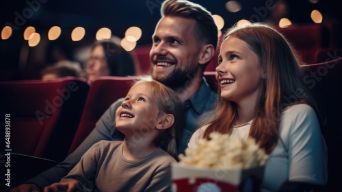 A young joyful couple is with their daughter in the cinema, watching an exciting movie