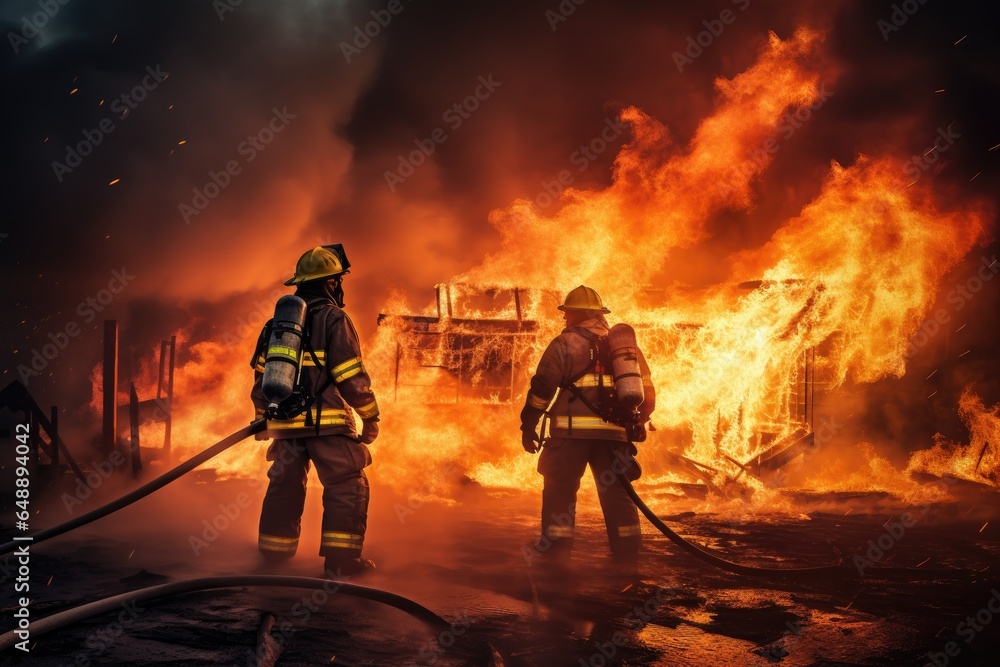 Fototapeta premium Firefighters extinguish a burning fire