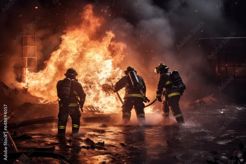 Obraz premium Firefighters extinguish a burning fire