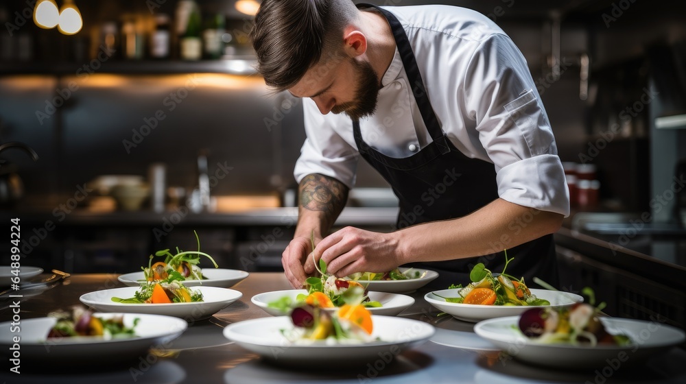 Male chef plating food in plate while working Male chef plating food in plate while working