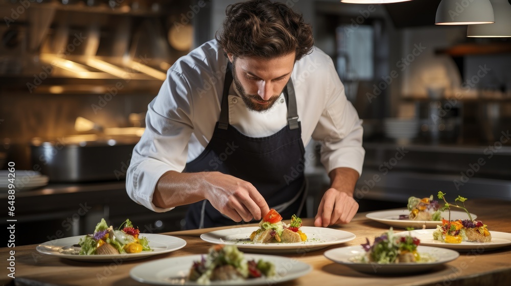 Male chef plating food in plate while working Male chef plating food in plate while working