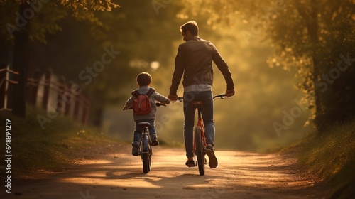 Learning, bicycle and proud dad teaching his young son © FryArt Studio