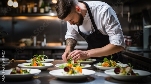 Male chef plating food in plate while working