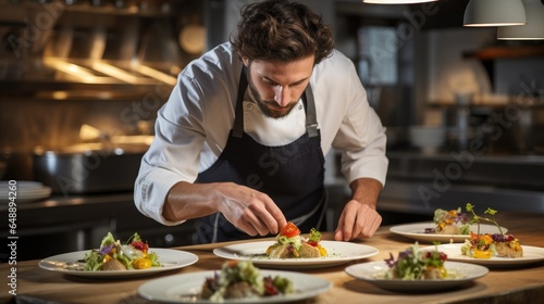 Male chef plating food in plate while working