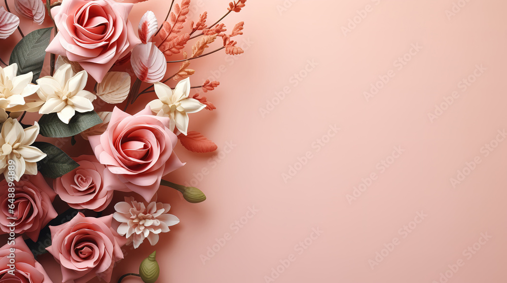 Wedding or mothers day background, bouquet of roses and herberas. Generative Ai
