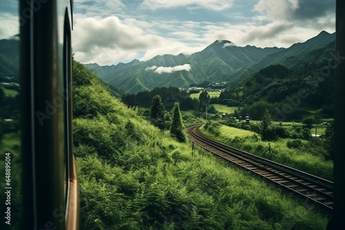 Train transportation traveling on mountain landscape. View from railway windows.