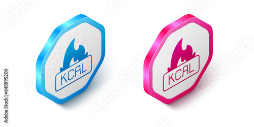 Isometric Kcal icon isolated on isolated on white background. Health food. Hexagon button. Vector