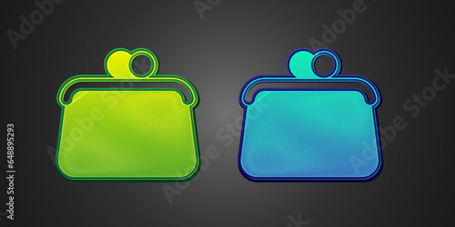 Green and blue Handbag icon isolated on black background. Female handbag sign. Glamour casual baggage symbol. Vector