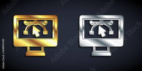 Gold and silver Computer display with vector design program icon isolated on isolated on black background. Photo editor software with user interface. Long shadow style. Vector