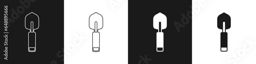 Set Garden trowel spade or shovel icon isolated on black and white background. Gardening tool. Tool for horticulture, agriculture, farming. Vector