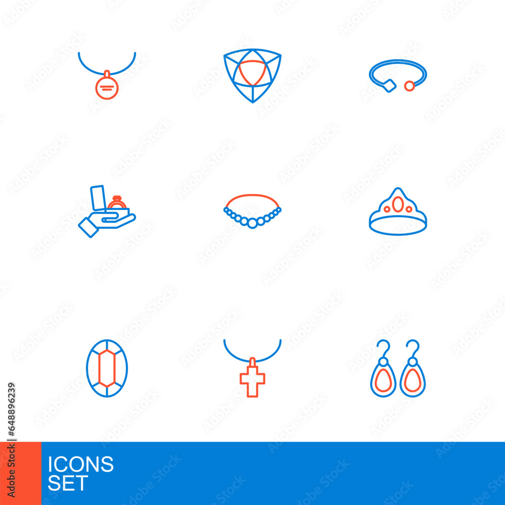 Set line Earrings, Christian cross on chain, Gem stone, King crown, Diamond engagement box, Pearl necklace, Bracelet jewelry and icon. Vector Set line Earrings, Christian cross on chain, Gem stone, King crown, Diamond engagement box, Pearl necklace, Bracelet jewelry and icon. Vector