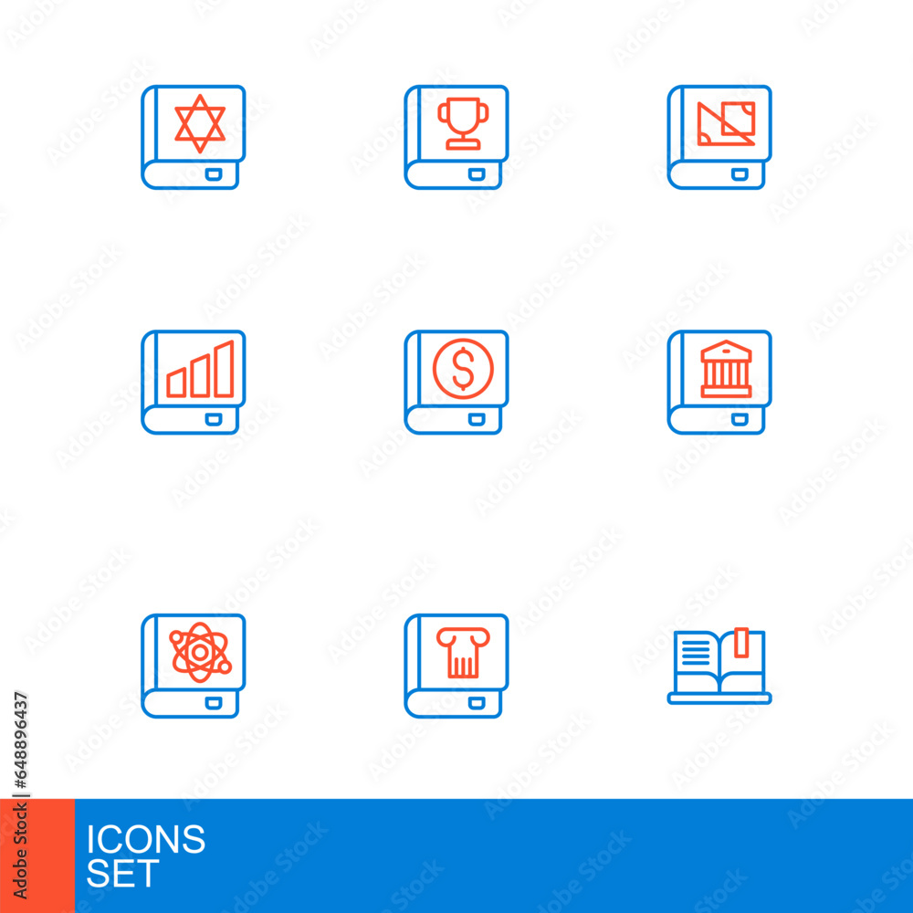 Set line Open book, History, Book about physics, Law, Financial, geometry and icon. Vector Set line Open book, History, Book about physics, Law, Financial, geometry and icon. Vector