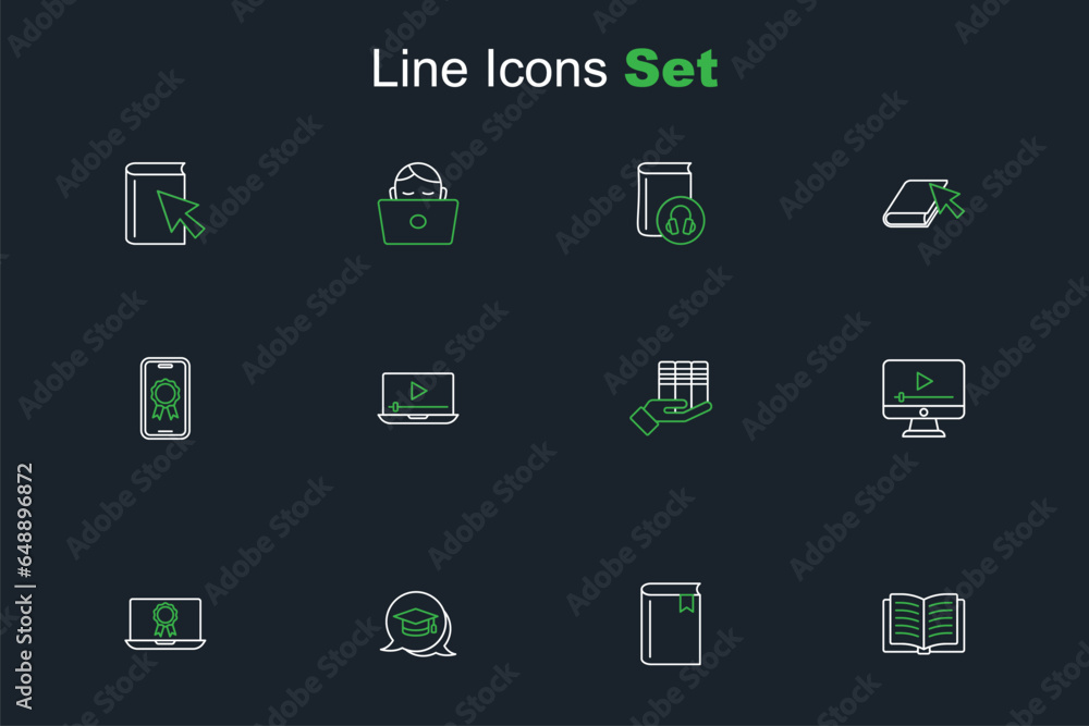 Set line Open book, Book, Graduation cap in speech bubble, Online education with diploma, play video, donation, and icon. Vector