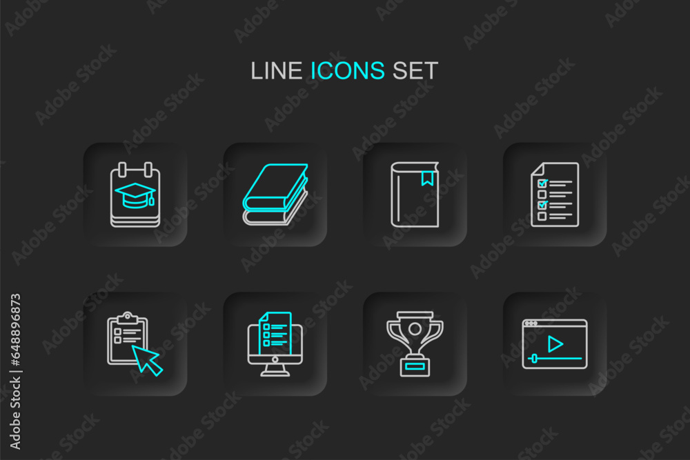 Set line Online play video, Award cup, quiz, test, survey, Book, and education icon. Vector Set line Online play video, Award cup, quiz, test, survey, Book, and education icon. Vector