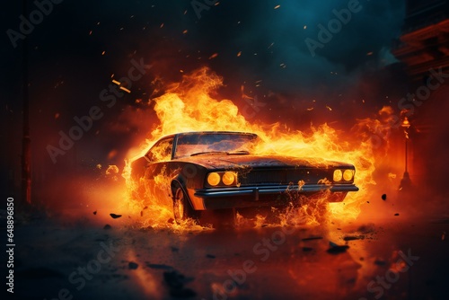 Burning Old School Car in the Night. Car fire. Car explosion. Burning vehicle on the road. Disaster, apocalypse, and damage.