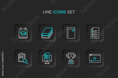 Set line Online play video, Award cup, quiz, test, survey, Book, and education icon. Vector