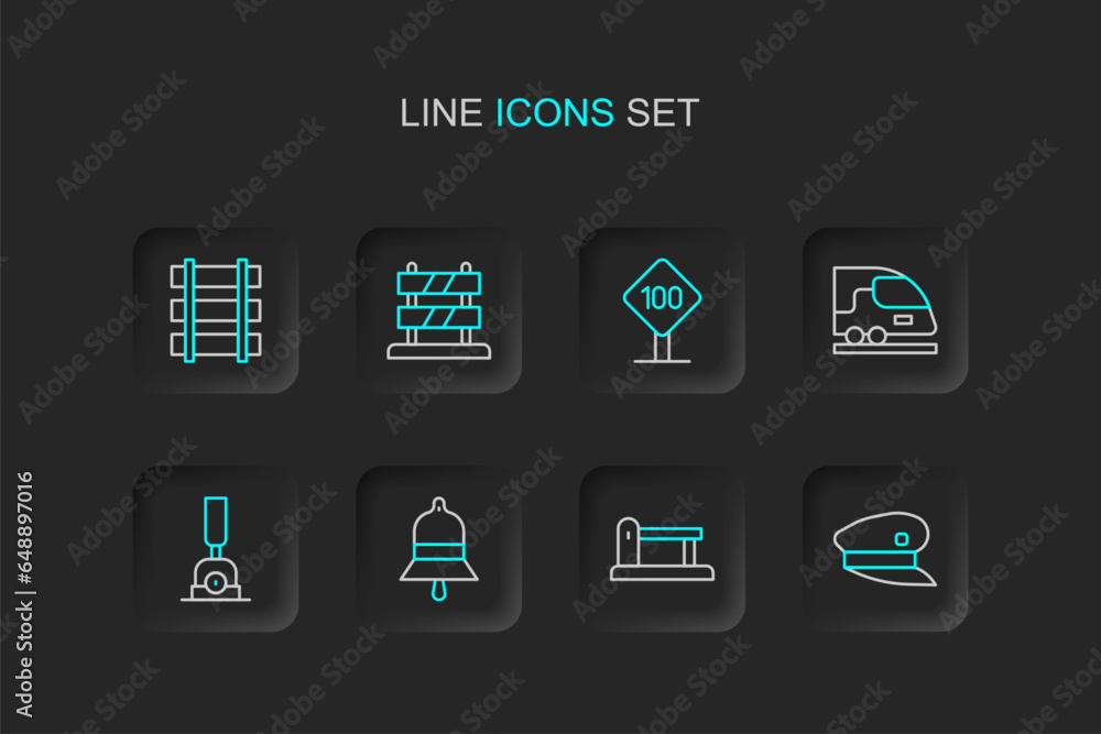Set line Train driver hat, Railway, railroad track, station bell, Arrow for switching the railway, High-speed train, Speed limit traffic sign 100 km, End of tracks and barrier icon. Vector Set line Train driver hat, Railway, railroad track, station bell, Arrow for switching the railway, High-speed train, Speed limit traffic sign 100 km, End of tracks and barrier icon. Vector