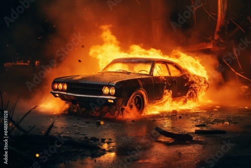 Burning Old School Car in the Night. Car fire. Car explosion. Burning vehicle on the road. Disaster  apocalypse  and damage.