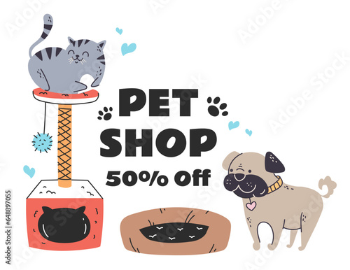 Pet dog cat shop care animal store sale banner concept. Vector flat graphic design illustration

