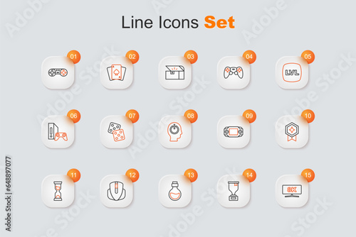 Set line Computer monitor, Award cup, Bottle with magic elixir, mouse, Old hourglass, Game rating medal, Portable video game console and Power button icon. Vector