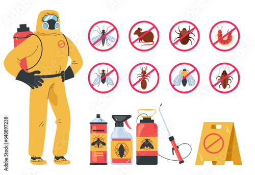 Pest control insect service disinfection poison isolated set. Vector flat graphic design illustration
