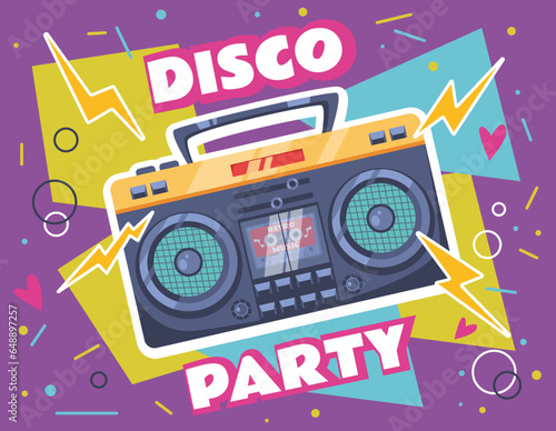 Disco party radio retro music funky poster concept. Vector flat graphic design illustration