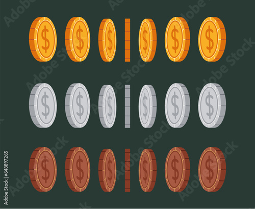 Coin game icon ui gold rotation money animate spin concept. Vector flat graphic design illustration
