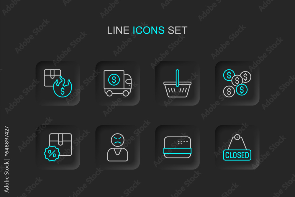 Set line Hanging sign with text Closed, Credit card, Angry customer, Cardboard box discount, Dollar symbol, Shopping basket, Armored truck and Hot price icon. Vector Set line Hanging sign with text Closed, Credit card, Angry customer, Cardboard box discount, Dollar symbol, Shopping basket, Armored truck and Hot price icon. Vector