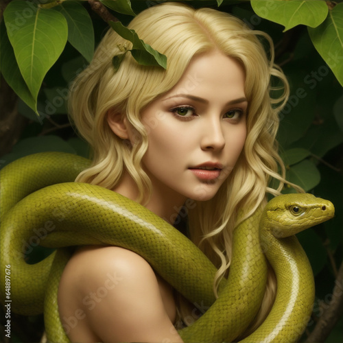 Eve in the garden of Eden with the damned snake and the apple. Forbidden fruit concept. photo