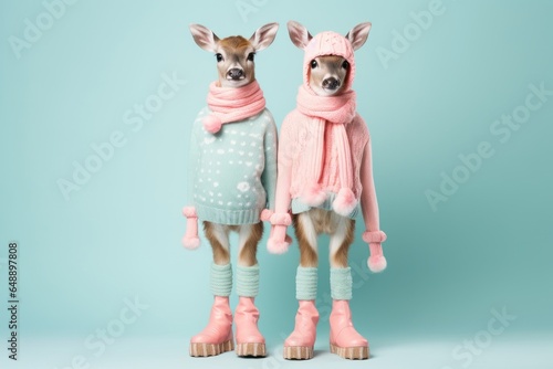 Two cute anthropomorphic reindeer animals standing in xmas pastel sweaters. Pastel pink and blue background. Creative fashion concept with wild animal.