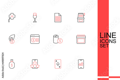 Set line Online sports betting, Playing card with spades symbol, Money bag, Calendar, Casino chip dollar, poker table game and Hand holding casino chips icon. Vector