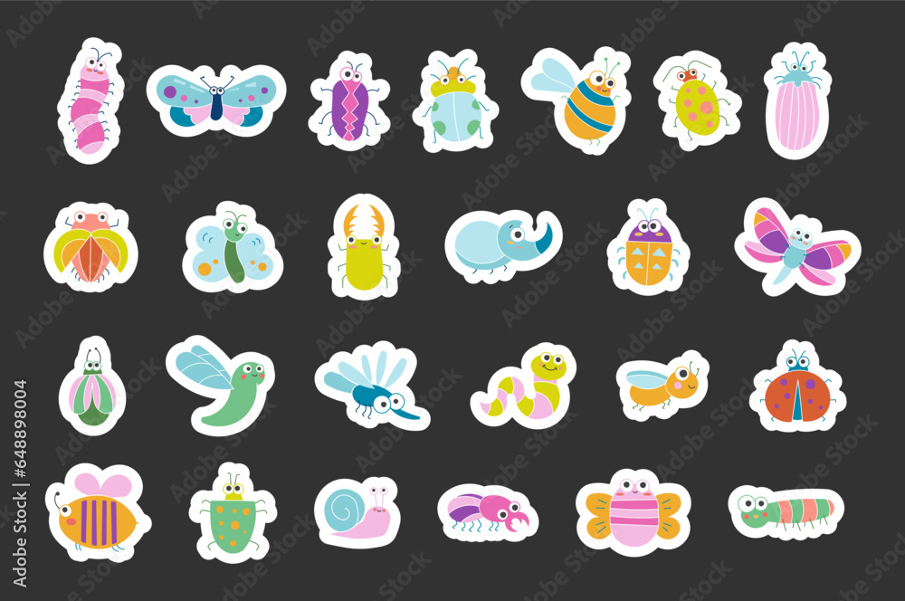 Cute insects cartoon characters. Sticker Bookmark. Funny small animals. Vector drawing. Collection of design elements.